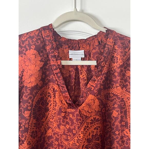 Liz Claiborne Blouse Satin V Neck Ruffle Neck Paisley XL - Picture 4 of 8